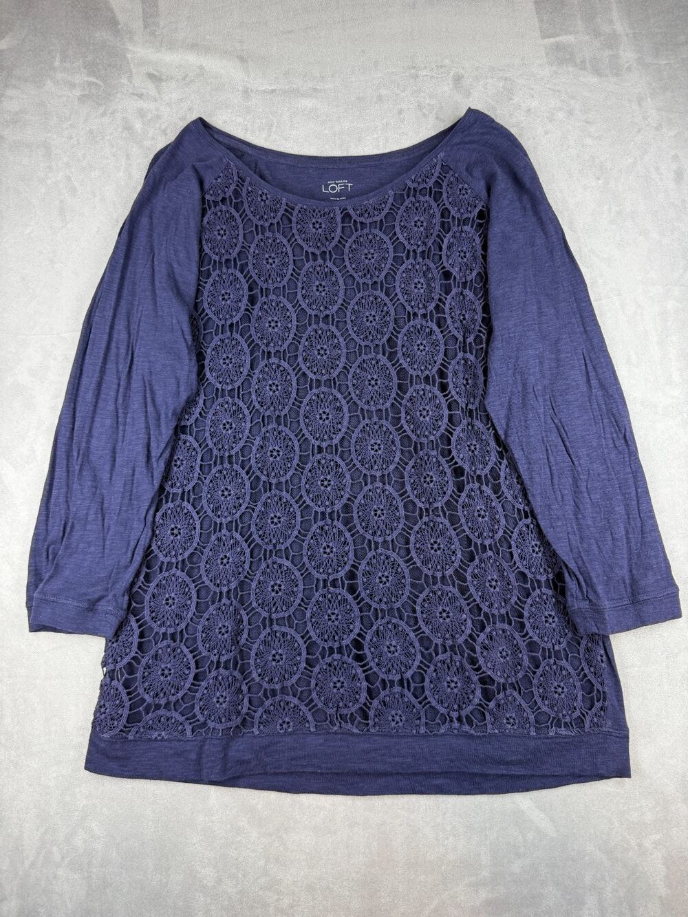 LOFT Women's Size L Crochet Lace 3/4 Sleeve Indigo Cotton Blend Top